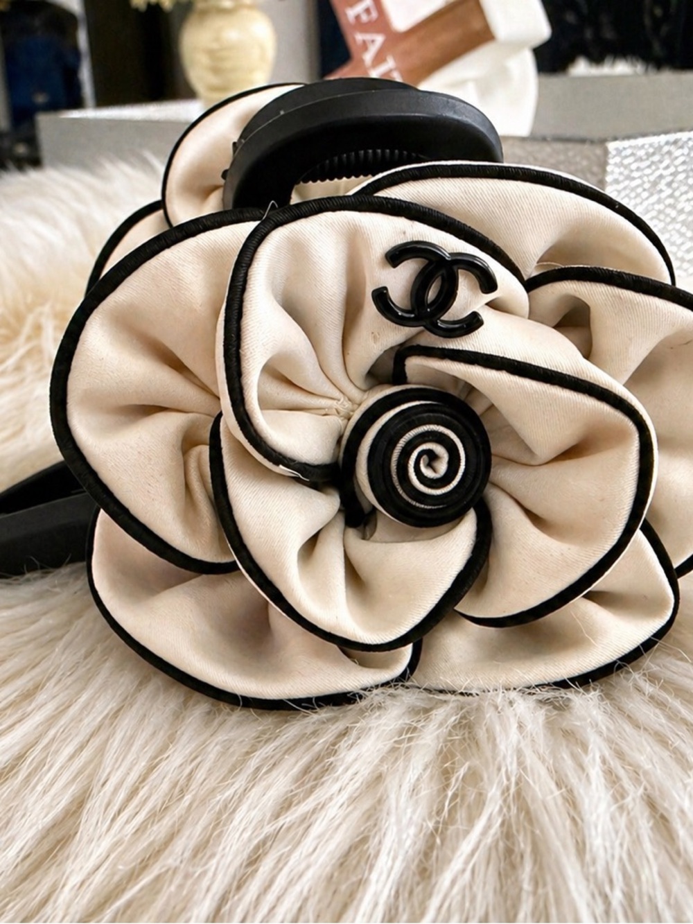 GWP Cream and Black Camellia Hair Clip with CC Accent